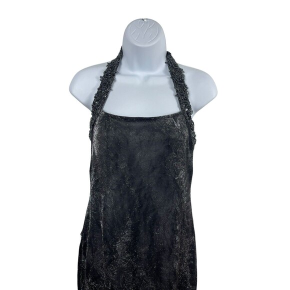 VTG 90s Niki Livas Black Silver Shimmer Halter Beaded Formal Evening Dress 6 Y2K - Picture 2 of 16